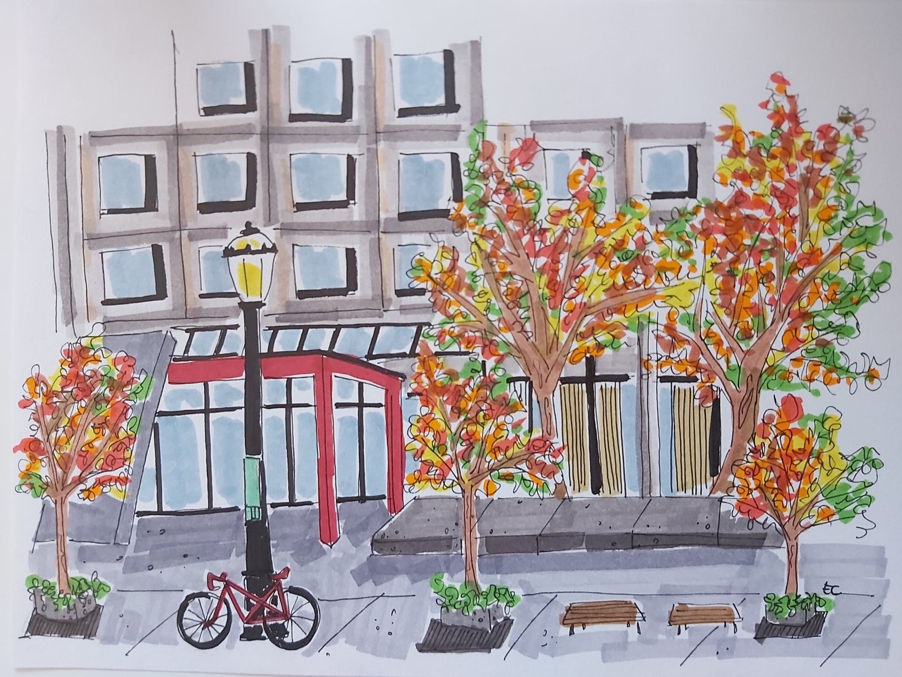 Drawing of Bronfman Building exterior with red bicycle