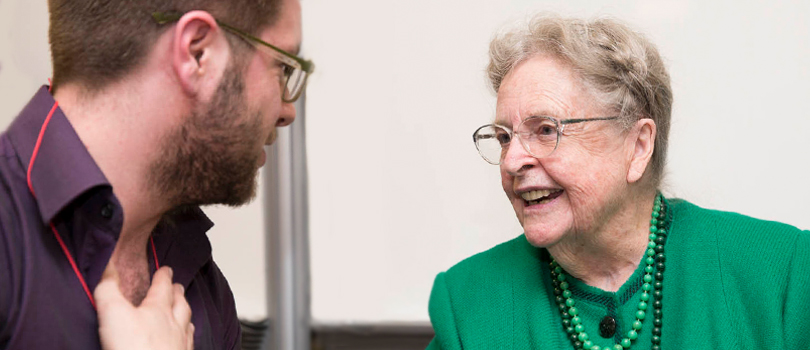 The late Mary Marsh speaking to a student